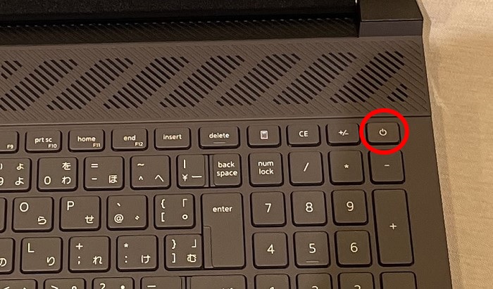 ノートPCの電源ボタン